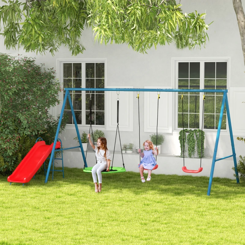 Outsunny Metal Swing Set for Backyard, 3 in 1 Design with 1 Nest Swing, 2 Seats, 1 Slide, Holds Up to 352 lbs. for Ages 3-8