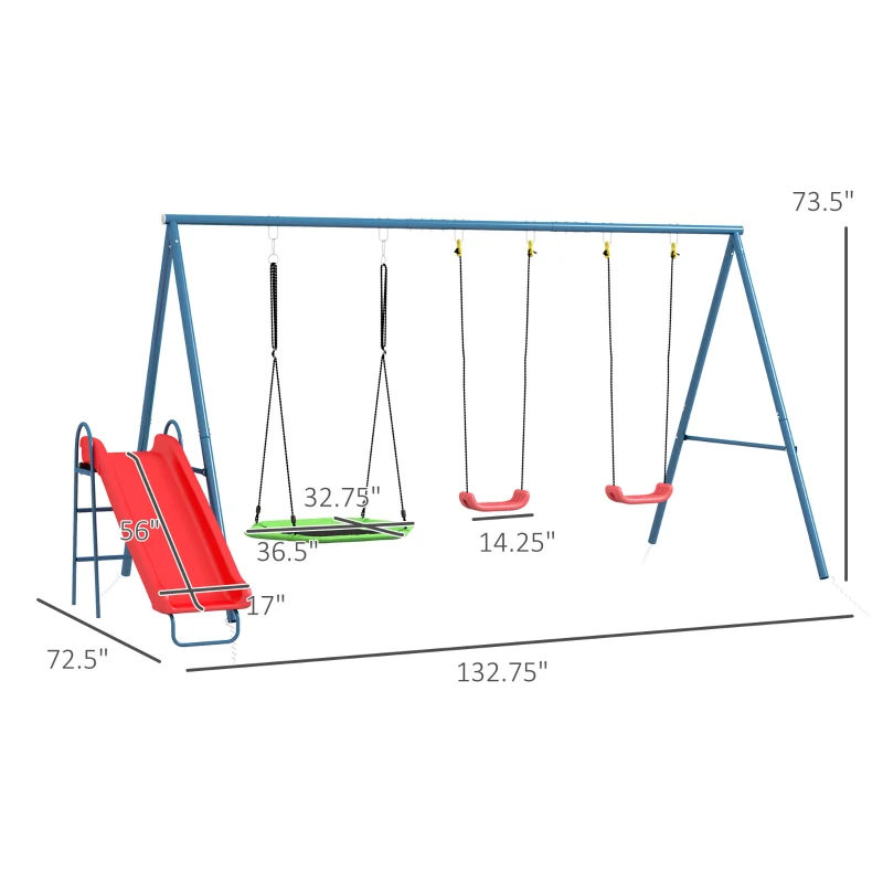 Outsunny Metal Swing Set for Backyard, 3 in 1 Design with 1 Nest Swing, 2 Seats, 1 Slide, Holds Up to 352 lbs. for Ages 3-8