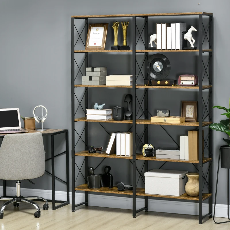 HOMCOM Book Shelf with Steel Frame, 5-tier Bookcase for Living Room, Home Office, 53.25" x 11.75" x 76", Rustic Brown