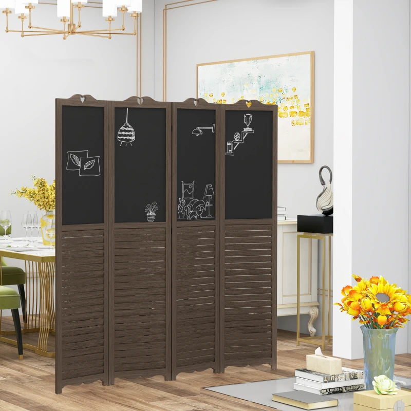 HOMCOM Wooden Room Divider with Blackboard, 4 Panel Folding Privacy Screen for Home Office, 5.5', Walnut Brown