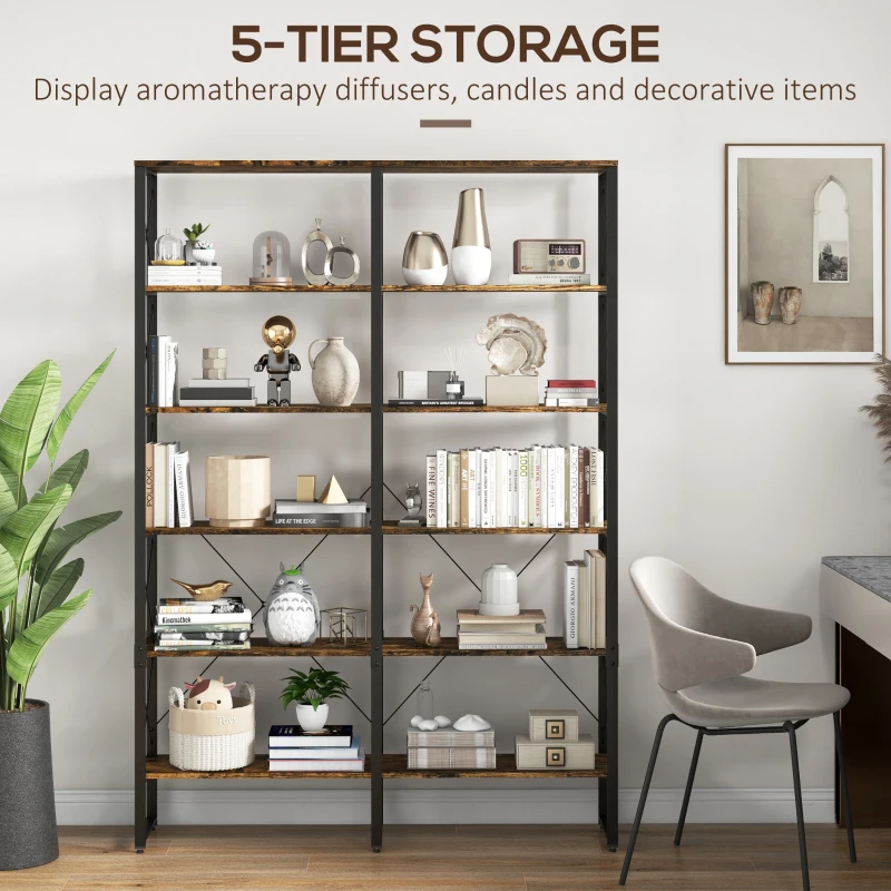 HOMCOM Book Shelf with Steel Frame, 5-tier Bookcase for Living Room, Home Office, 53.25" x 11.75" x 76", Rustic Brown