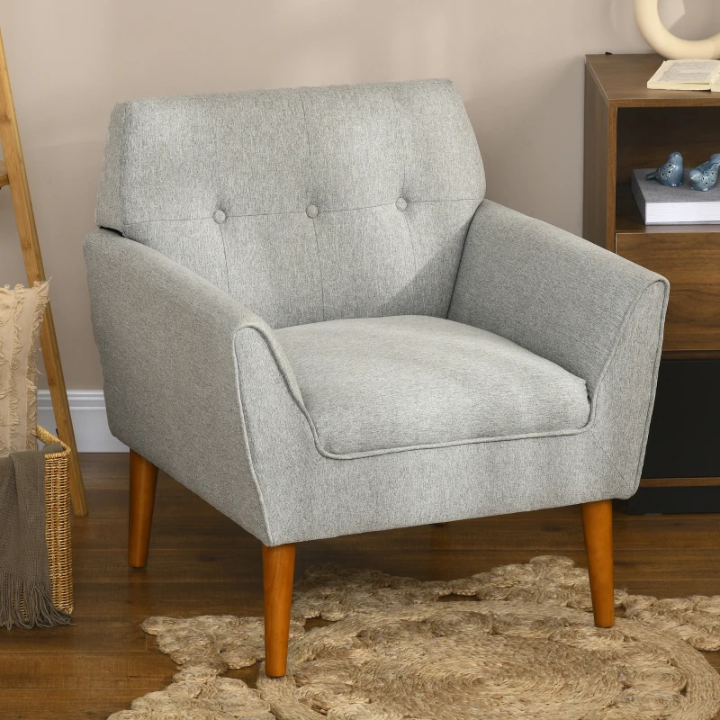 HOMCOM Traditional Accent Chair, Button Tufted Armchair with Wood Legs for Living Room, Bedroom, Light Gray