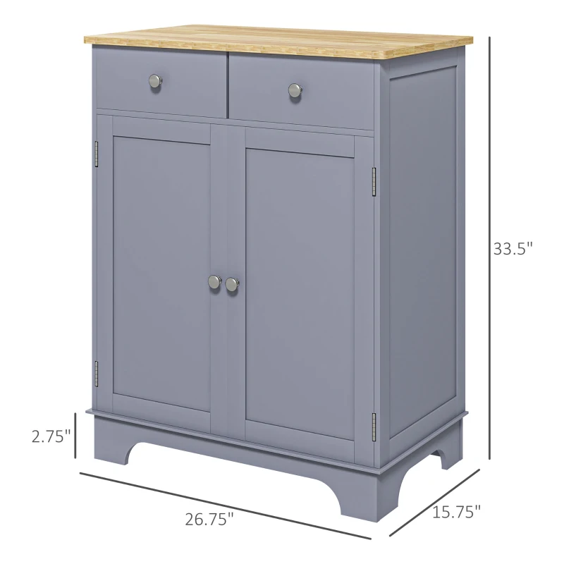 HOMCOM Kitchen Storage Cabinet, Sideboard Floor Cupboard with Solid Wood Top, Adjustable Shelf, and 2 Drawers, Gray