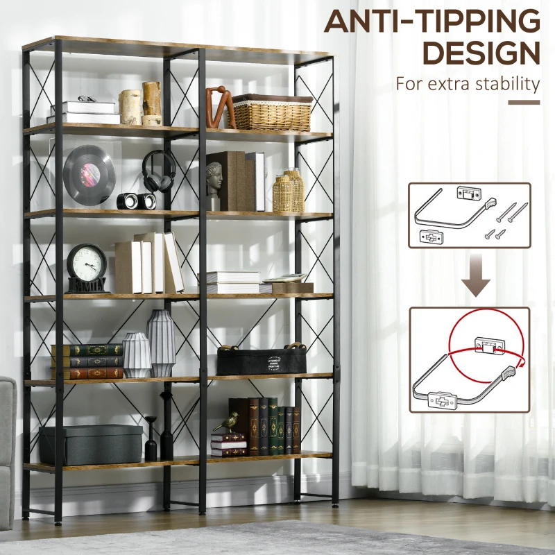 HOMCOM Book Shelf with Steel Frame, 5-tier Bookcase for Living Room, Home Office, 53.25" x 11.75" x 76", Rustic Brown