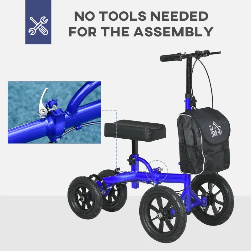 HOMCOM Adjustable Steerable Knee Walker, Foldable Knee Scooter with Rubber Wheels, Dual Brake, Crutch Alternative, Blue