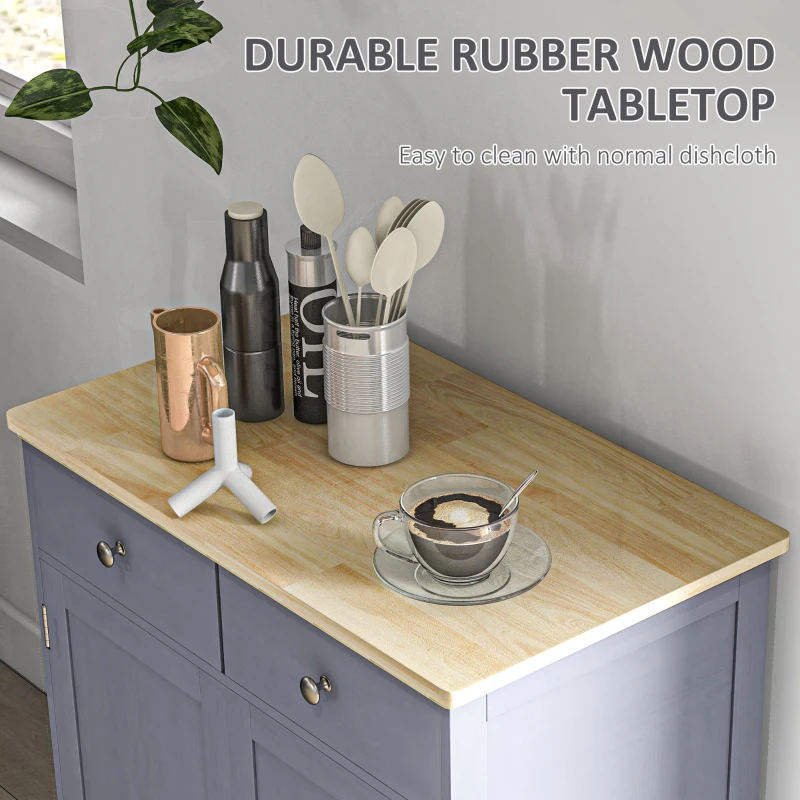 HOMCOM Kitchen Storage Cabinet, Sideboard Floor Cupboard with Solid Wood Top, Adjustable Shelf, and 2 Drawers, Gray