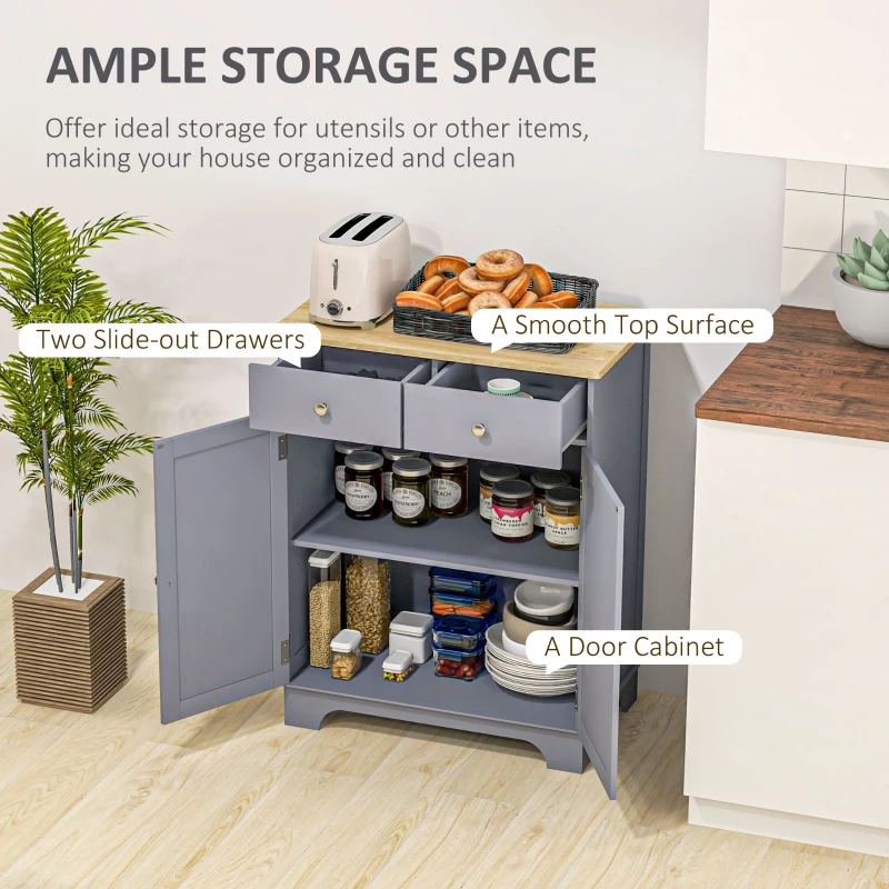 HOMCOM Kitchen Storage Cabinet, Sideboard Floor Cupboard with Solid Wood Top, Adjustable Shelf, and 2 Drawers, Gray
