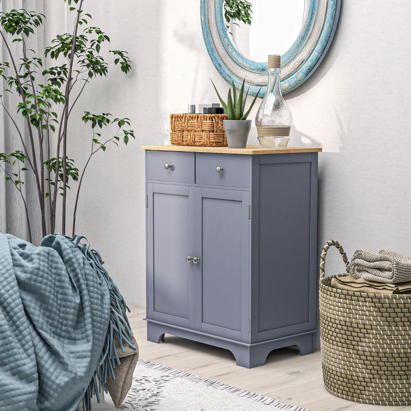 HOMCOM Kitchen Storage Cabinet, Sideboard Floor Cupboard with Solid Wood Top, Adjustable Shelf, and 2 Drawers, Gray