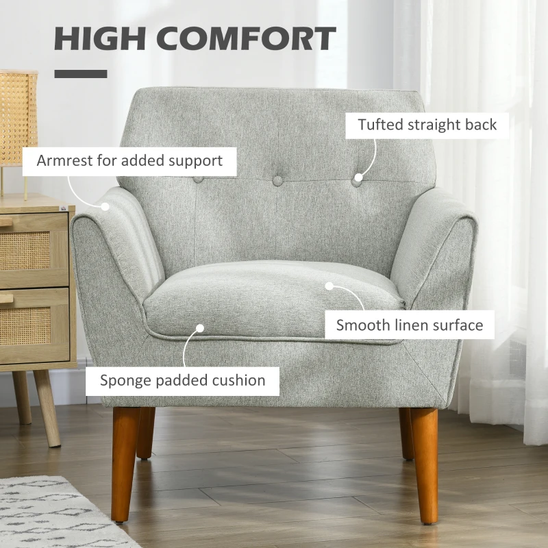 HOMCOM Traditional Accent Chair, Button Tufted Armchair with Wood Legs for Living Room, Bedroom, Light Gray