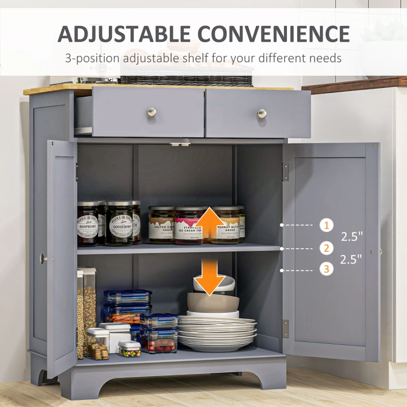 HOMCOM Kitchen Storage Cabinet, Sideboard Floor Cupboard with Solid Wood Top, Adjustable Shelf, and 2 Drawers, Gray