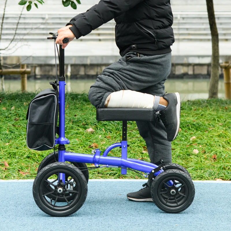 HOMCOM Adjustable Steerable Knee Walker, Foldable Knee Scooter with Rubber Wheels, Dual Brake, Crutch Alternative, Blue