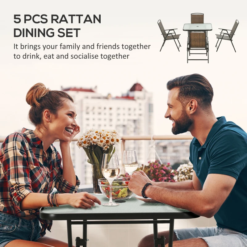 Outsunny 5 Pieces Patio Table and Chairs, Foldable Wicker Outdoor Dining Table Set with Umbrella Hole, Dark Brown