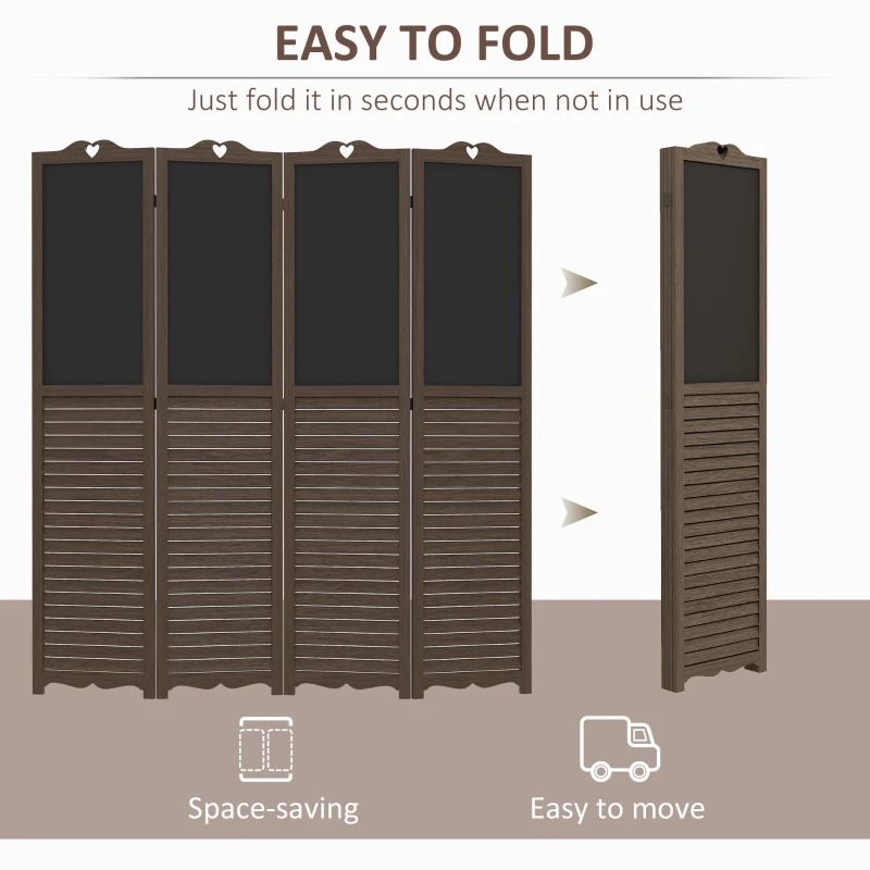 HOMCOM Wooden Room Divider with Blackboard, 4 Panel Folding Privacy Screen for Home Office, 5.5', Walnut Brown