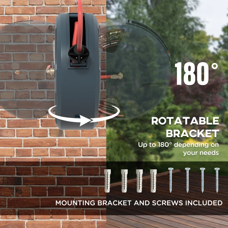 Outsunny 1/2" 49ft Retractable Hose Reel with 8 Pattern Hose Nozzle, Any Length Lock, Auto Rewind System & 180° Swivel Bracket
