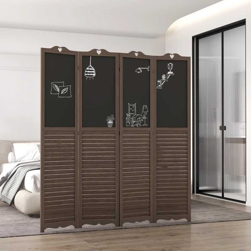 HOMCOM Wooden Room Divider with Blackboard, 4 Panel Folding Privacy Screen for Home Office, 5.5', Walnut Brown