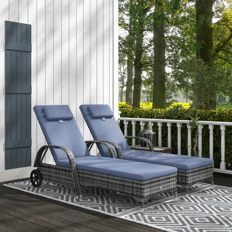 Outsunny Wicker Chaise Lounger 2 PC with Cushion Pillow Headrest Armrests and Wheels for Garden and Pool Gray
