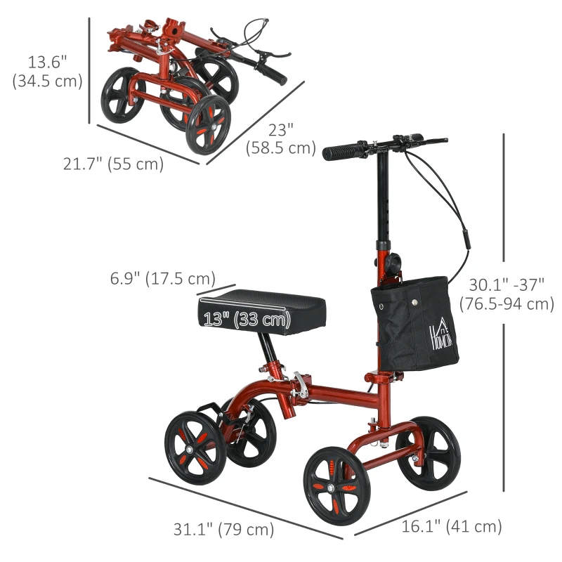 HOMCOM Steerable Knee Walker, Foldable Knee Scooter with Dual Braking System, Adjustable Height, Crutch Alternative, Red