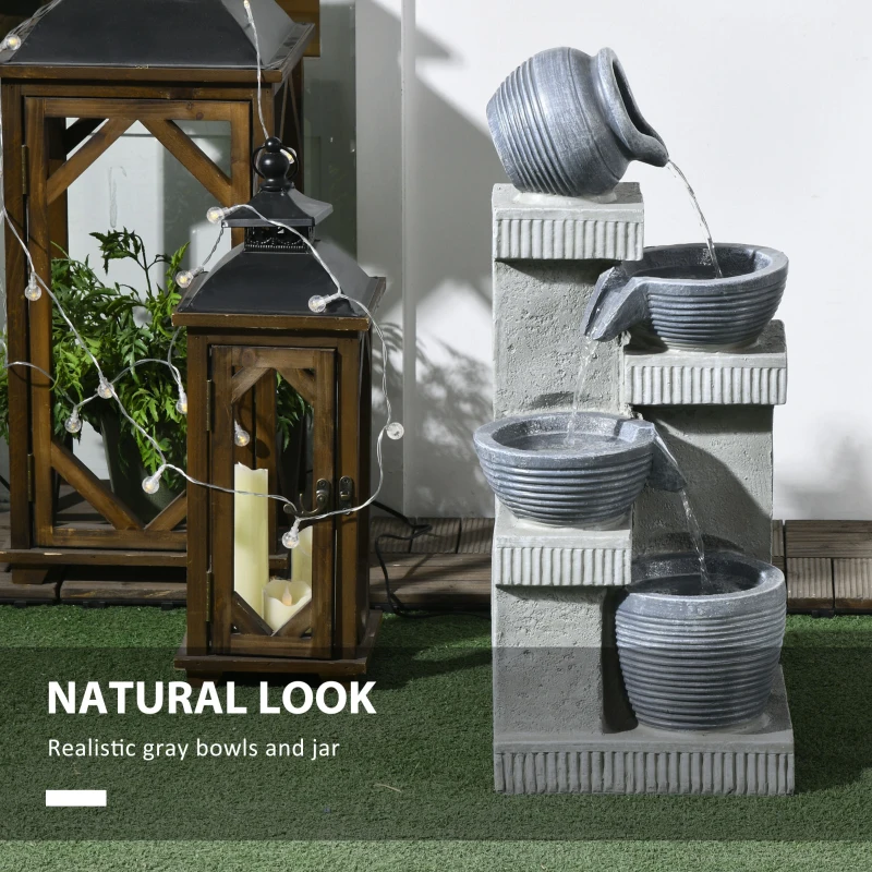 Outsunny 4-Tiered Outdoor Jar and Bowls Water Fountain with LED Lights, Adjustable Flow, 26.4-inch Resin Waterfall Fountain