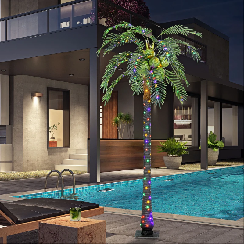 Outsunny 7' Artificial Light Up Palm Tree Lighted Tropical Fake Tree with Remote 280 Lights 5 Coconuts for Outdoor Indoor Green