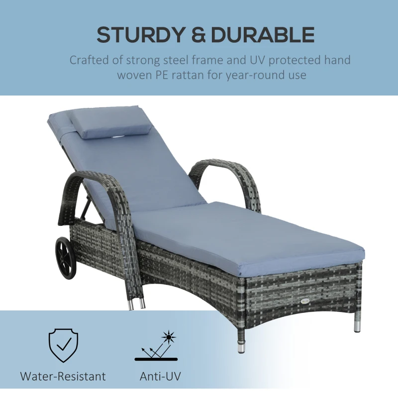 Outsunny Wicker Chaise Lounger 2 PC with Cushion Pillow Headrest Armrests and Wheels for Garden and Pool Gray