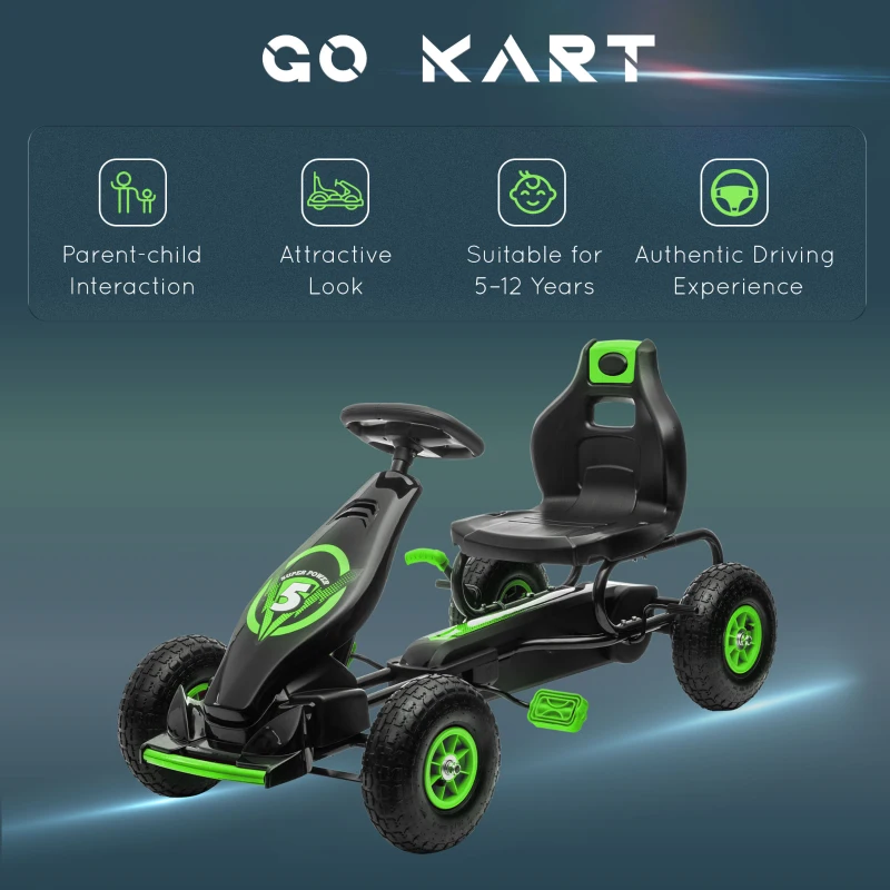 Aosom Ergonomic Pedal Go Kart Kids Ride-on Toy with Tough, Wear-Resistant Tread for Boys & Girls, Ages 5-12, Green