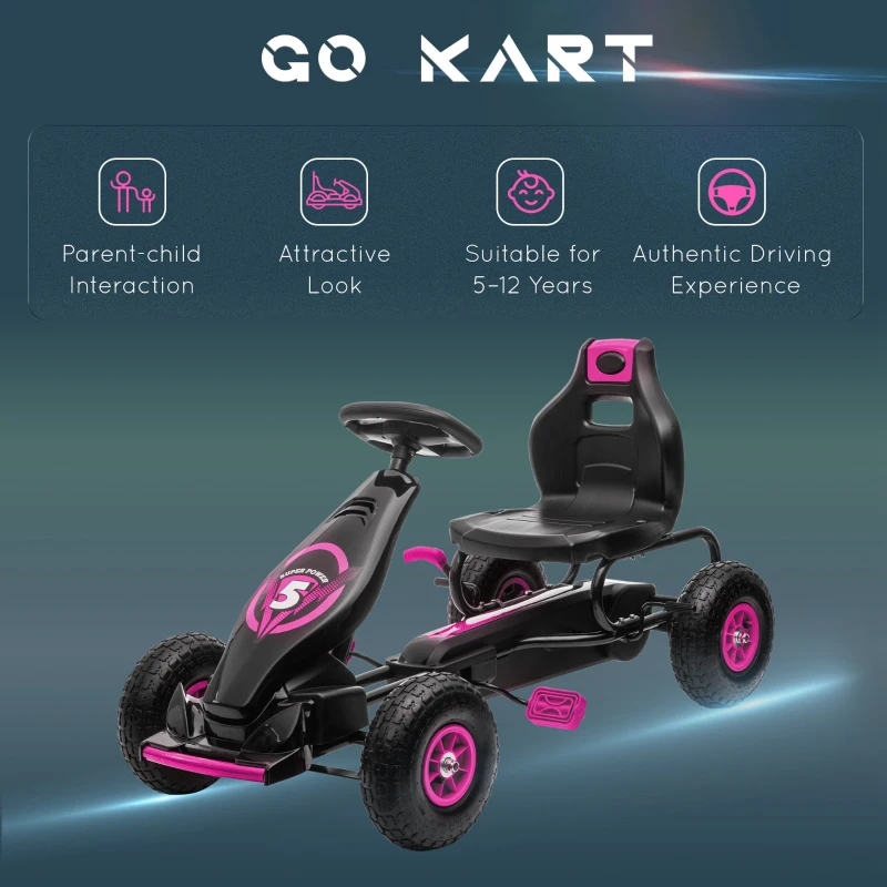 Aosom Ergonomic Pedal Go Kart Kids Ride-on Toy with Tough, Wear-Resistant Tread for Boys & Girls, Ages 5-12, Pink(m-8)