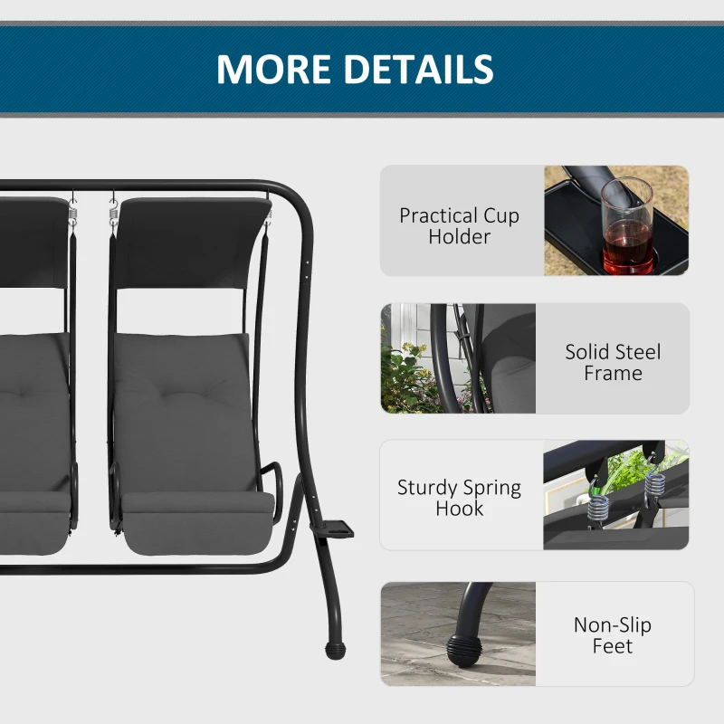 Outsunny 2-Seater Outdoor Porch Swing with Canopy, Patio Swing Chair for Garden, Poolside, Backyard, Gray