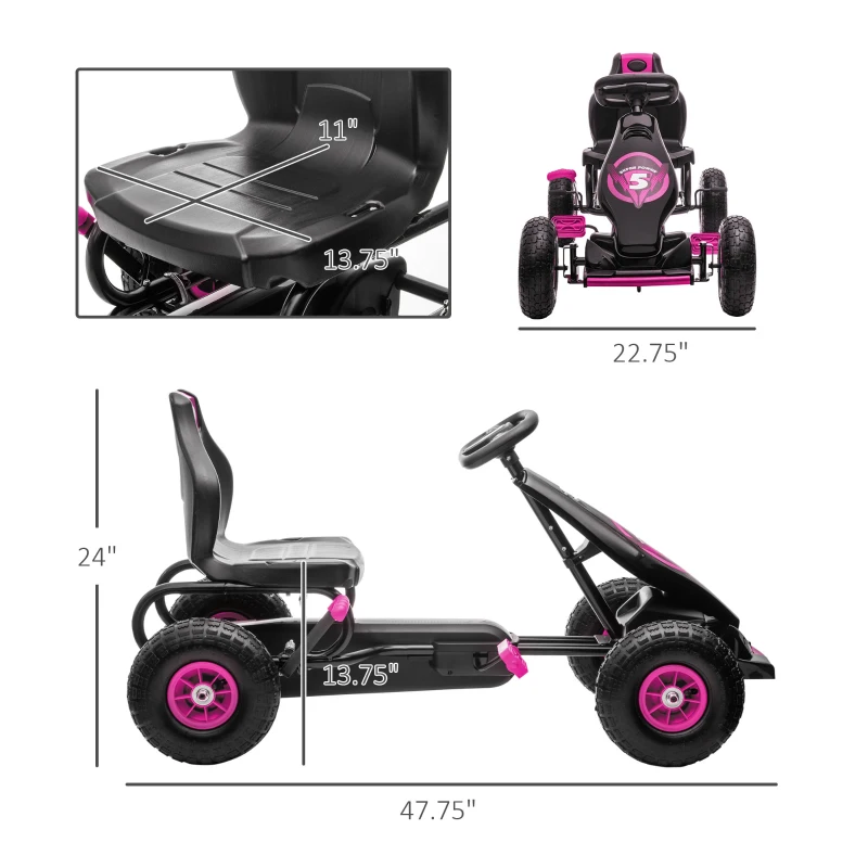 Aosom Ergonomic Pedal Go Kart Kids Ride-on Toy with Tough, Wear-Resistant Tread for Boys & Girls, Ages 5-12, Pink(m-3)