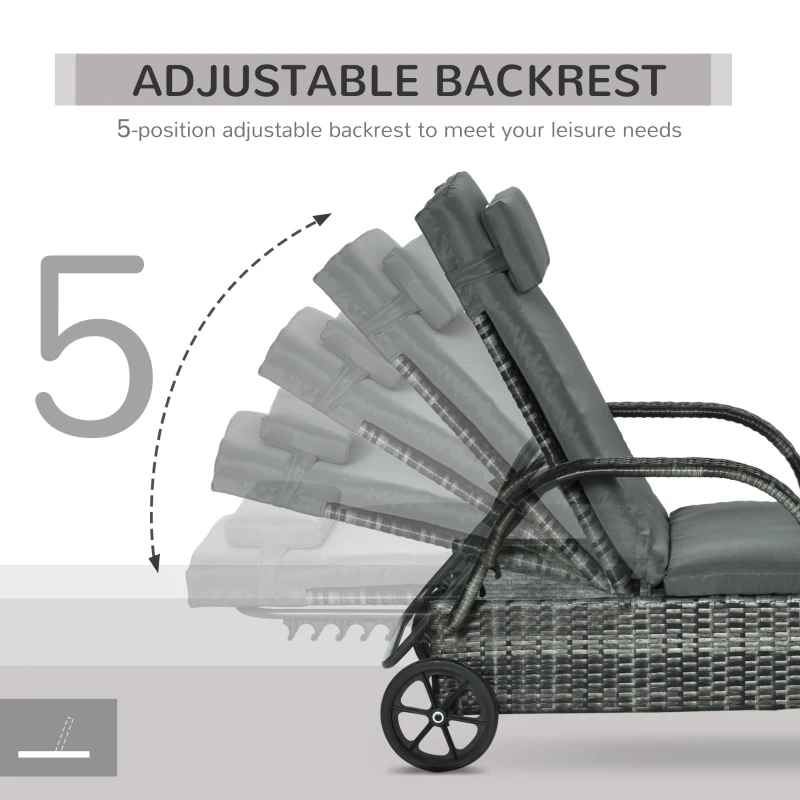 Outsunny 2 Piece Reclining Chaise Lounge Chairs, Outdoor Rattan Sun Longers with Cushion, Wheels for Poolside, Patio, Mixed Gray