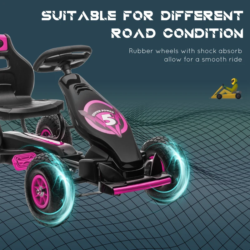 Aosom Ergonomic Pedal Go Kart Kids Ride-on Toy with Tough, Wear-Resistant Tread for Boys & Girls, Ages 5-12, Pink(m-6)