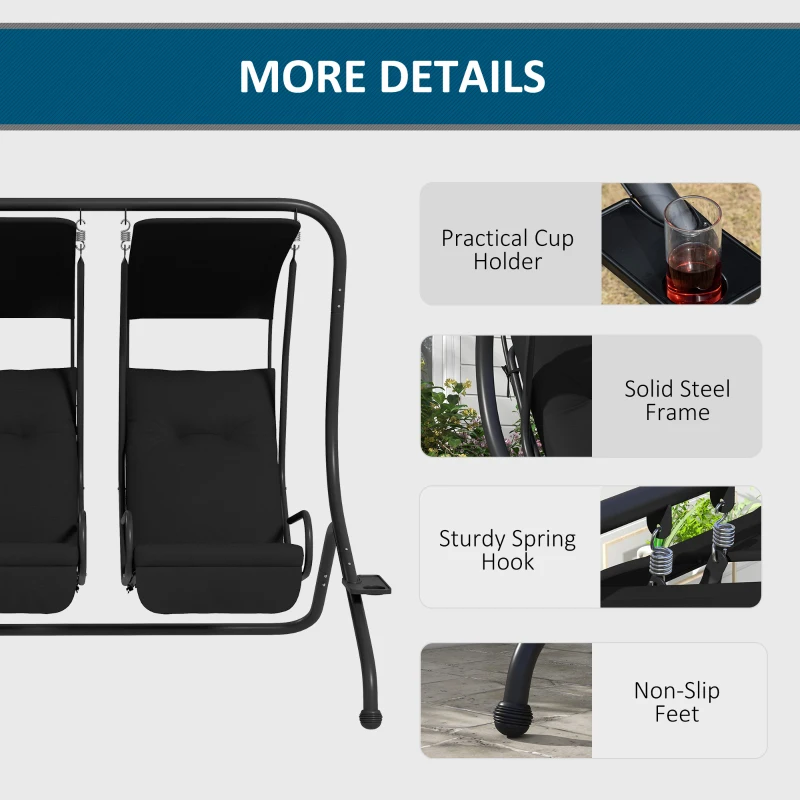 Outsunny 2-Seater Outdoor Porch Swing with Canopy, Patio Swing Chair for Garden, Poolside, Backyard, Black