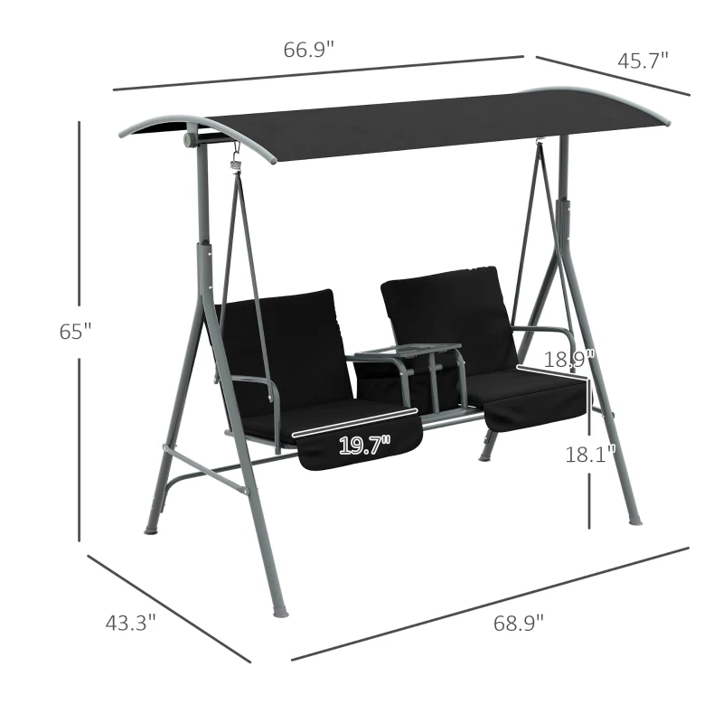 Outsunny 2-Seater Outdoor Porch Swing with Canopy and Table, Patio Swing Chair for Garden, Poolside, Backyard, Black