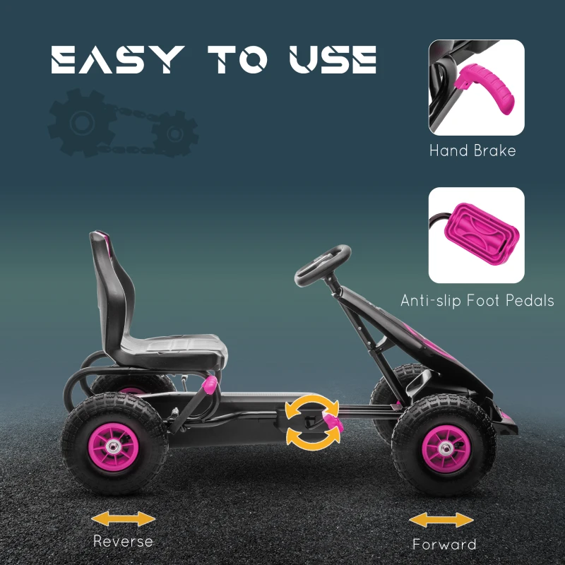 Aosom Ergonomic Pedal Go Kart Kids Ride-on Toy with Tough, Wear-Resistant Tread for Boys & Girls, Ages 5-12, Pink(m-5)
