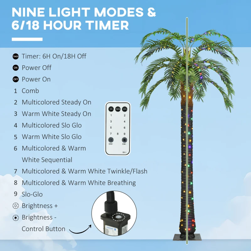Outsunny 7' Artificial Light Up Palm Tree Lighted Tropical Fake Tree with Remote 280 Lights 5 Coconuts for Outdoor Indoor Green
