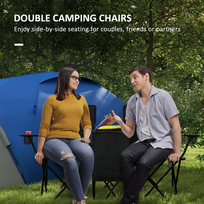 Outsunny Double Camping Chairs for 2 People with Cooler Bag Table Cup Holder Portable Folding Lawn Chair with Carrying Bag Black