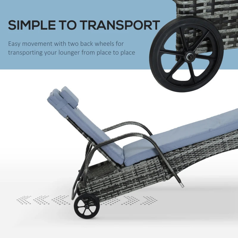 Outsunny Wicker Chaise Lounger 2 PC with Cushion Pillow Headrest Armrests and Wheels for Garden and Pool Gray