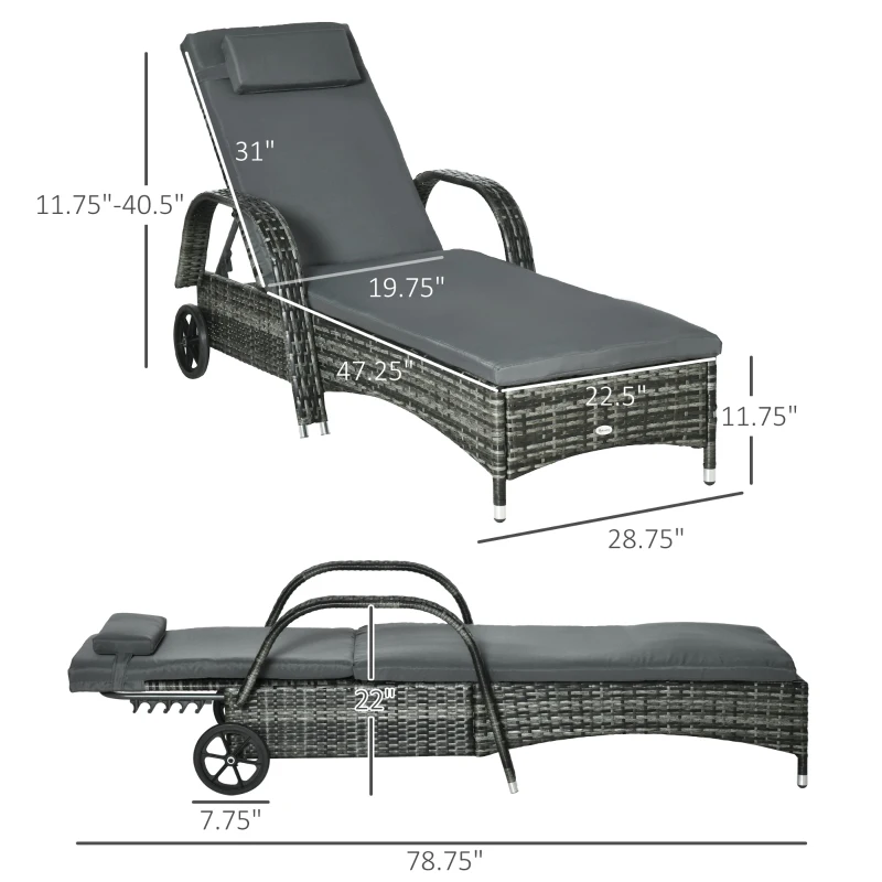 Outsunny 2 Piece Reclining Chaise Lounge Chairs, Outdoor Rattan Sun Longers with Cushion, Wheels for Poolside, Patio, Mixed Gray
