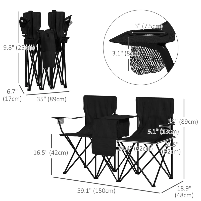 Outsunny Double Camping Chairs for 2 People with Cooler Bag Table Cup Holder Portable Folding Lawn Chair with Carrying Bag Black