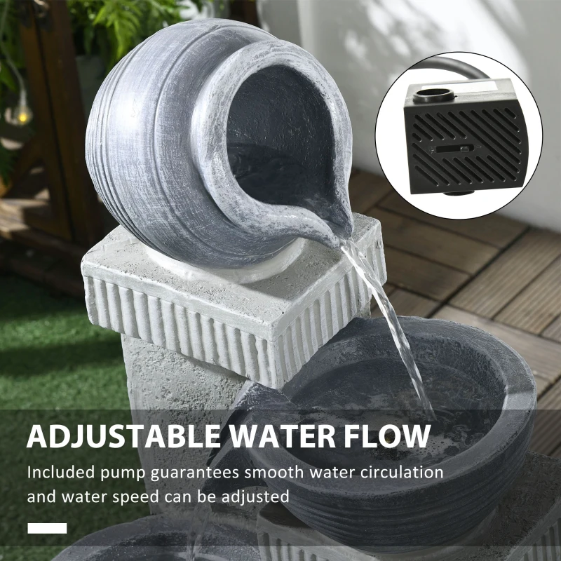 Outsunny 4-Tiered Outdoor Jar and Bowls Water Fountain with LED Lights, Adjustable Flow, 26.4-inch Resin Waterfall Fountain