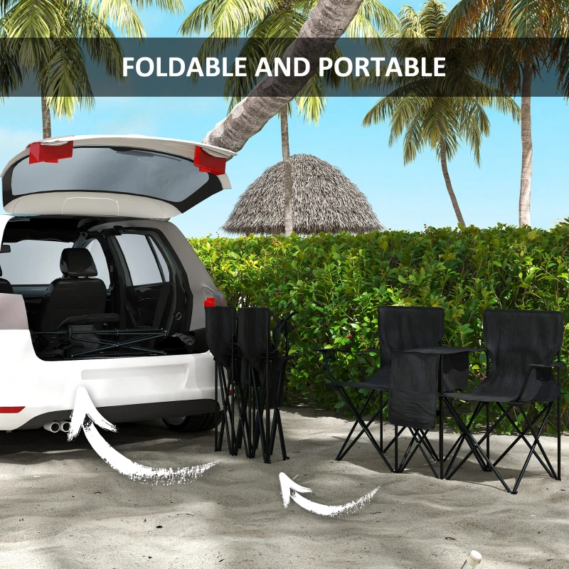 Outsunny Double Camping Chairs for 2 People with Cooler Bag Table Cup Holder Portable Folding Lawn Chair with Carrying Bag Black