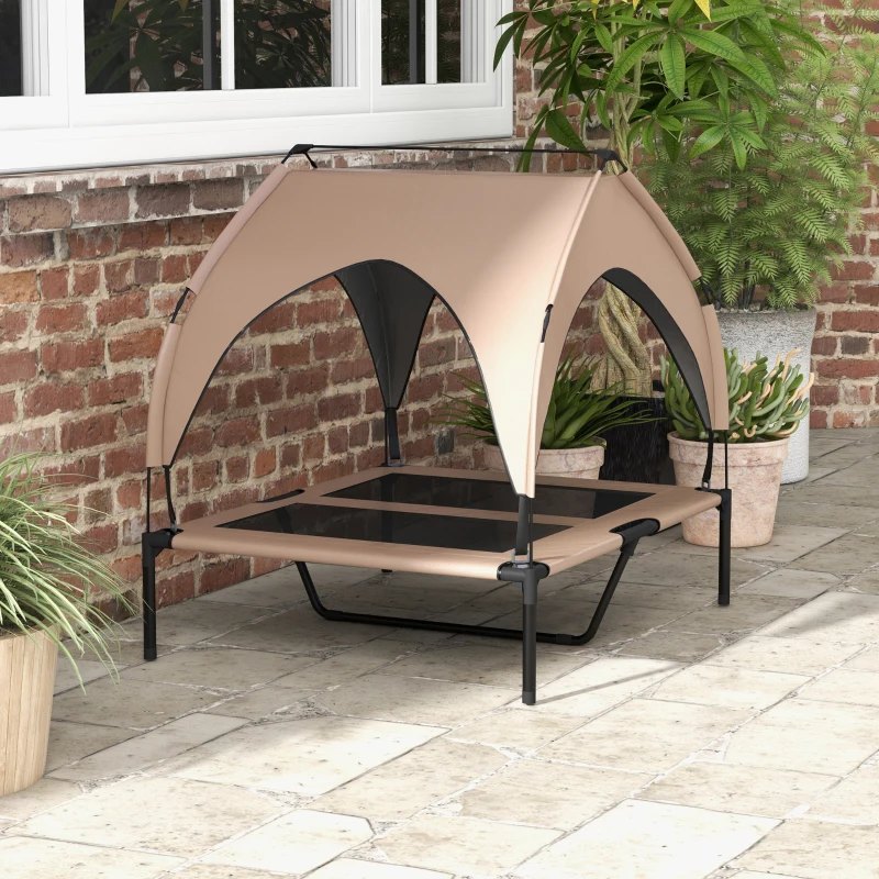 PawHut Raised Dog Bed Cooling Dog Cot w/ Canopy Washable Breathable Mesh, for Medium and Large Dogs, Coffee