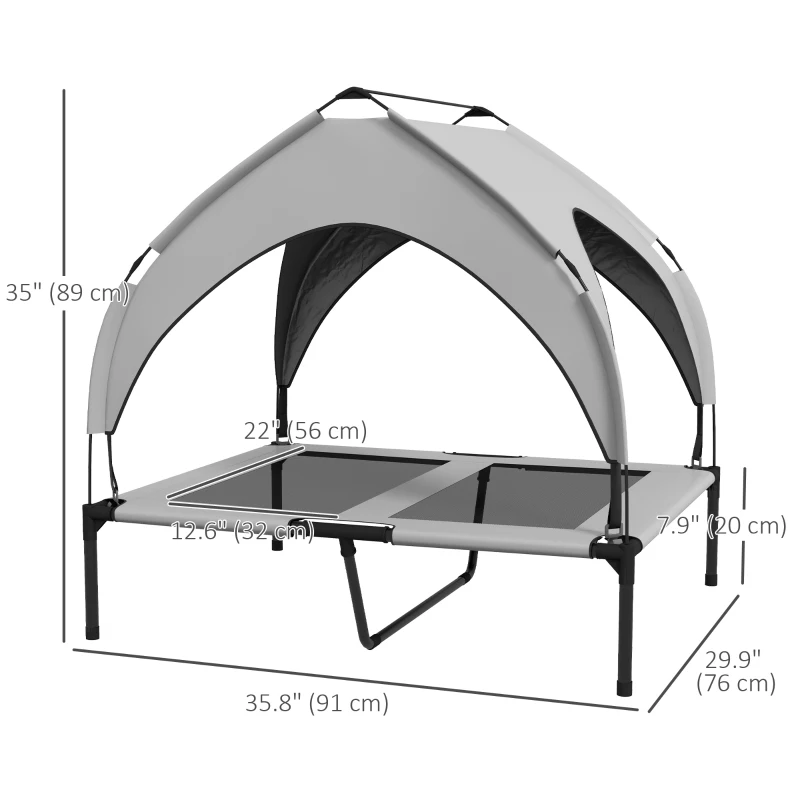 PawHut Raised Dog Bed Cooling Dog Cot w/ Canopy Washable Breathable Mesh, for Medium and Large Dogs, Light Grey