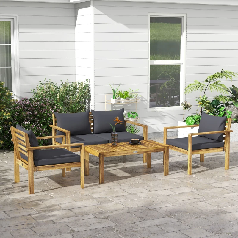 Outsunny 4 Piece Patio Sofa Set, Acacia Wood Outdoor Furniture with Cushions, Table, Backyard Lawn Porch Sofa, Gray