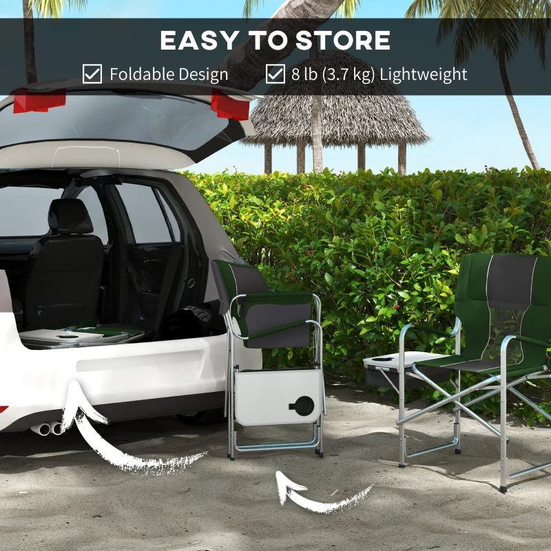 Outsunny Folding Directors Chair, Aluminum Camping Chair for Adults with Side Table, Cup Holder, Cooler Bag and Pocket, Grey