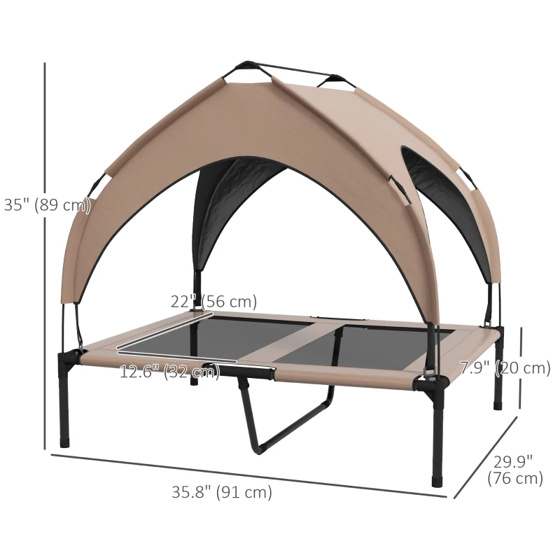 PawHut Raised Dog Bed Cooling Dog Cot w/ Canopy Washable Breathable Mesh, for Medium and Large Dogs, Coffee