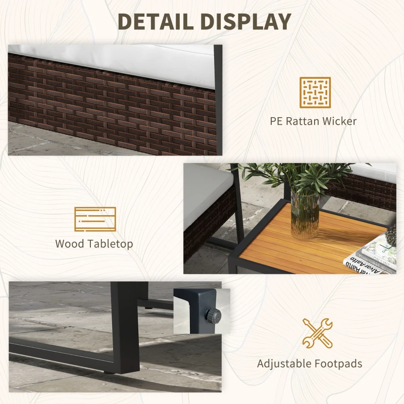 Outsunny 4 Piece Rattan Patio Furniture Set with Loveseat Sofa, Chair, Wood Coffee Table, Cushions for Outdoor, Backyard, White