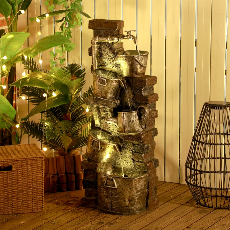 Outsunny 5-Tiered Faucet & Barrel Outdoor Water Fountain with LED Lights, Adjustable Flow, 39.4-inch Resin Waterfall Fountain