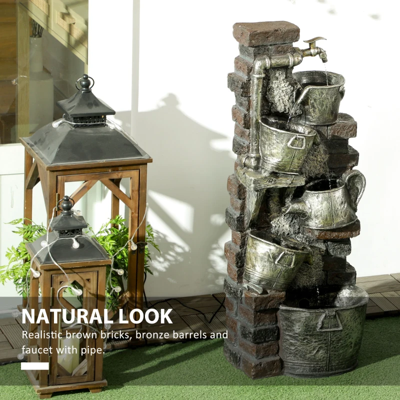 Outsunny 5-Tiered Faucet & Barrel Outdoor Water Fountain with LED Lights, Adjustable Flow, 39.4-inch Resin Waterfall Fountain