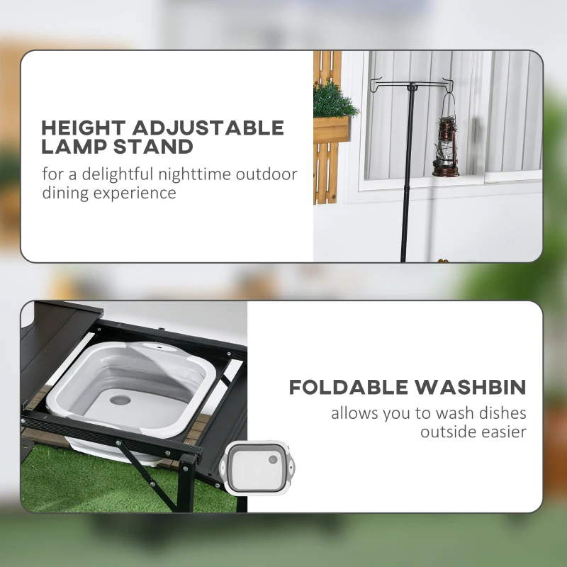 Outsunny Folding Camping Kitchen, Portable Aluminum Cook Station with Carrying Bag, 3 Side Tables, 2 Shelves for BBQ, Black