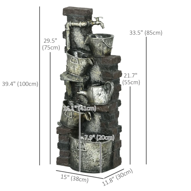 Outsunny 5-Tiered Faucet & Barrel Outdoor Water Fountain with LED Lights, Adjustable Flow, 39.4-inch Resin Waterfall Fountain